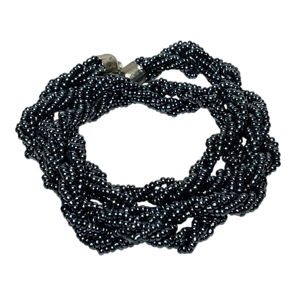 Midnight Blue Seed Bead Braided Necklace 10 Strand Rope Style Statement